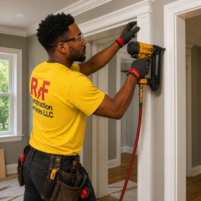 RF Worker installing trim in home renovation