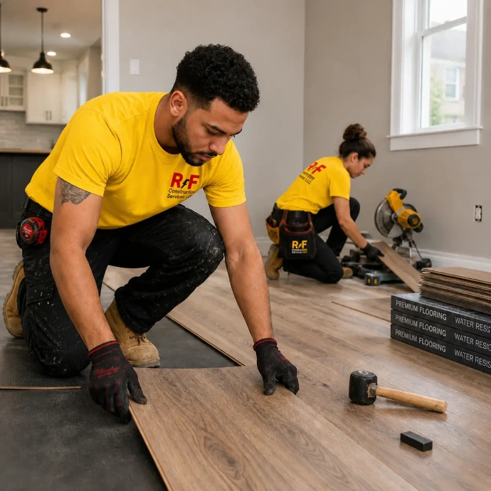 RF workers installing floor in modern kitchen space