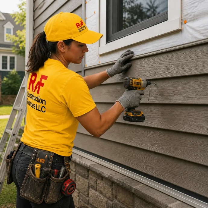 RF Worker installing siding on house