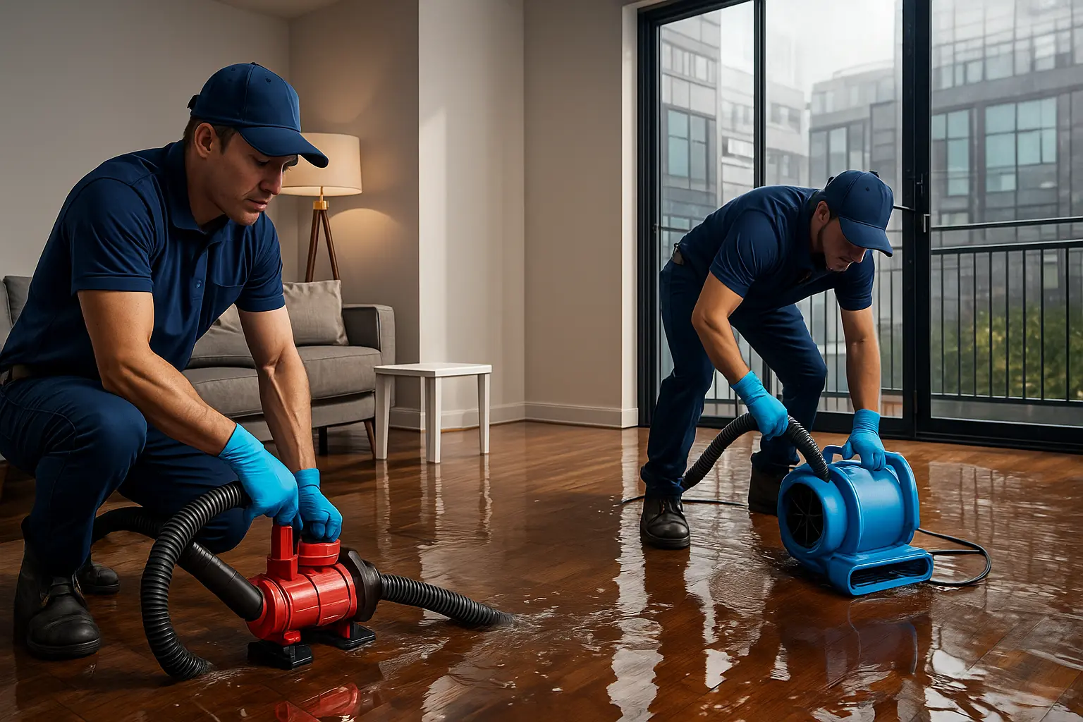 echnicians performing water extraction and drying after flood damage in a Brooklyn apartment.