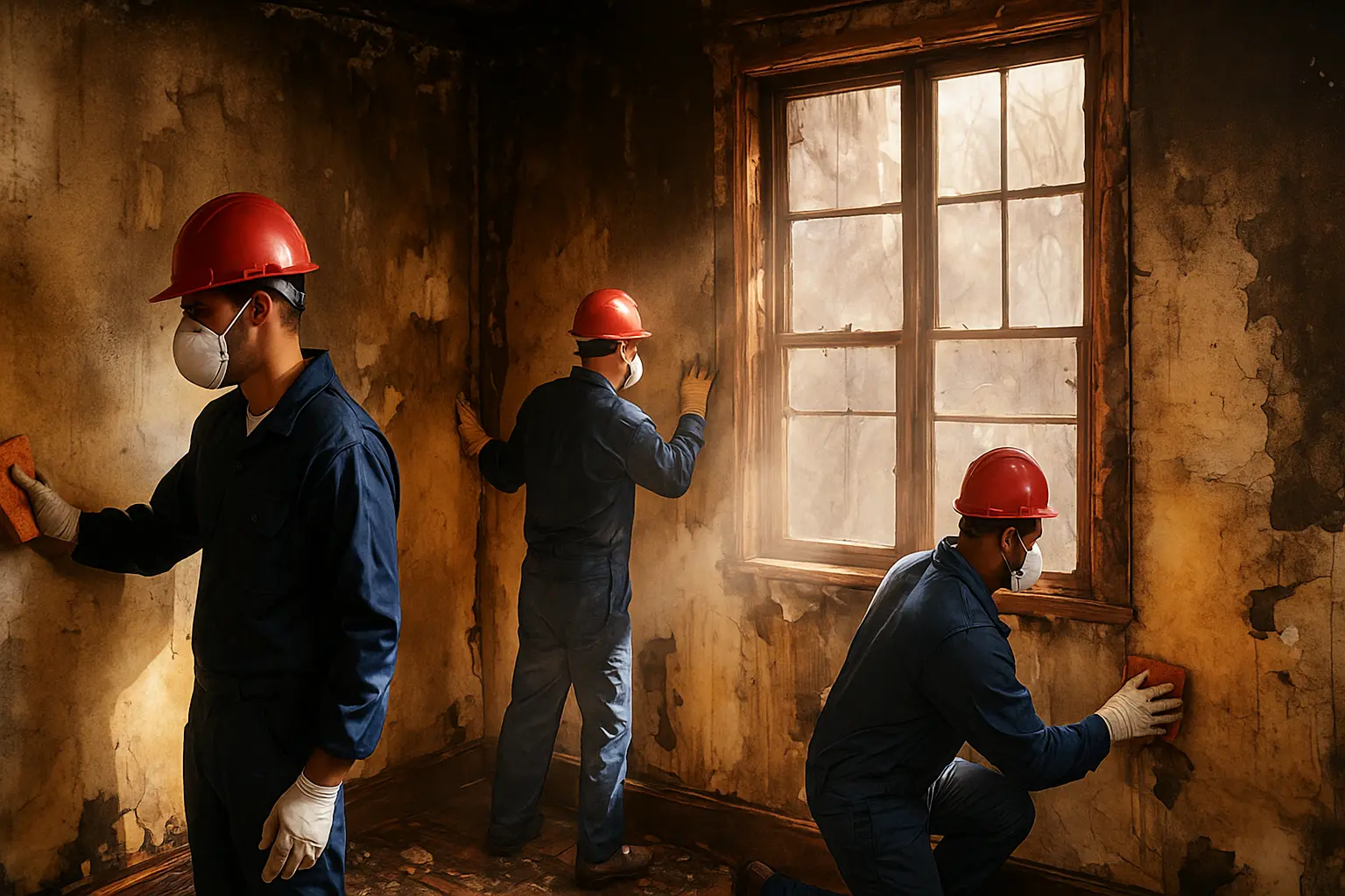 Restoration crew cleaning soot and smoke damage in a Manhattan apartment after fire emergency.