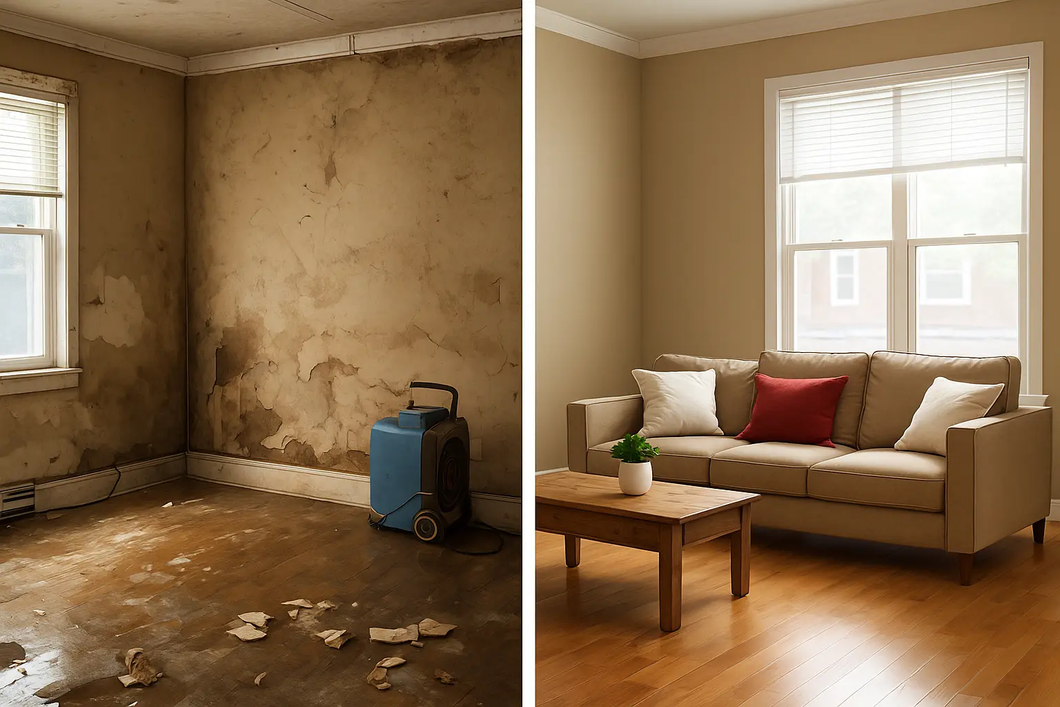 Restoration crew cleaning soot and smoke damage in a Manhattan apartment after fire emergency.