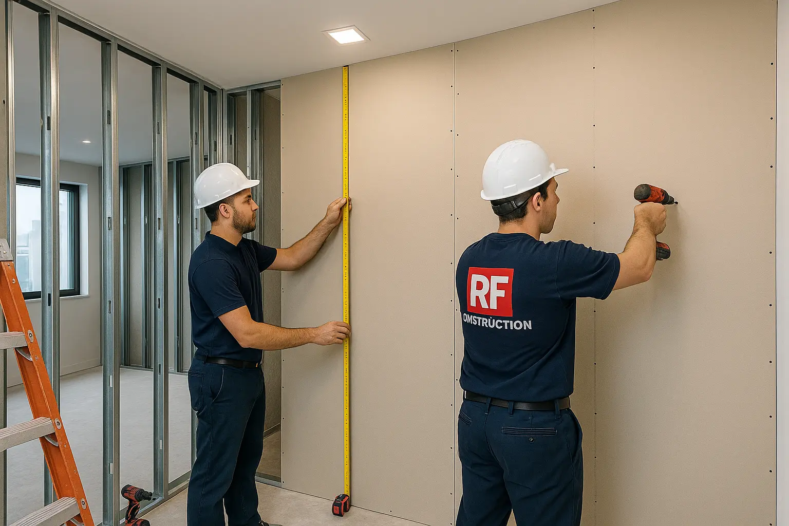 “RF drywall technicians installing panels and preparing surfaces for painting in a New York renovation project.