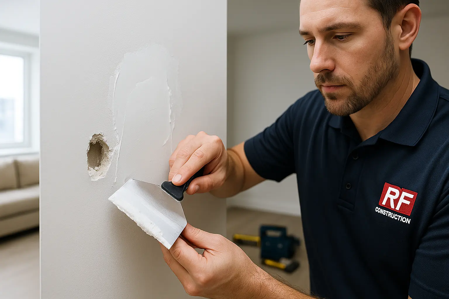 Close-up of RF Construction Services worker patching and texturing drywall inside a New York City apartment.