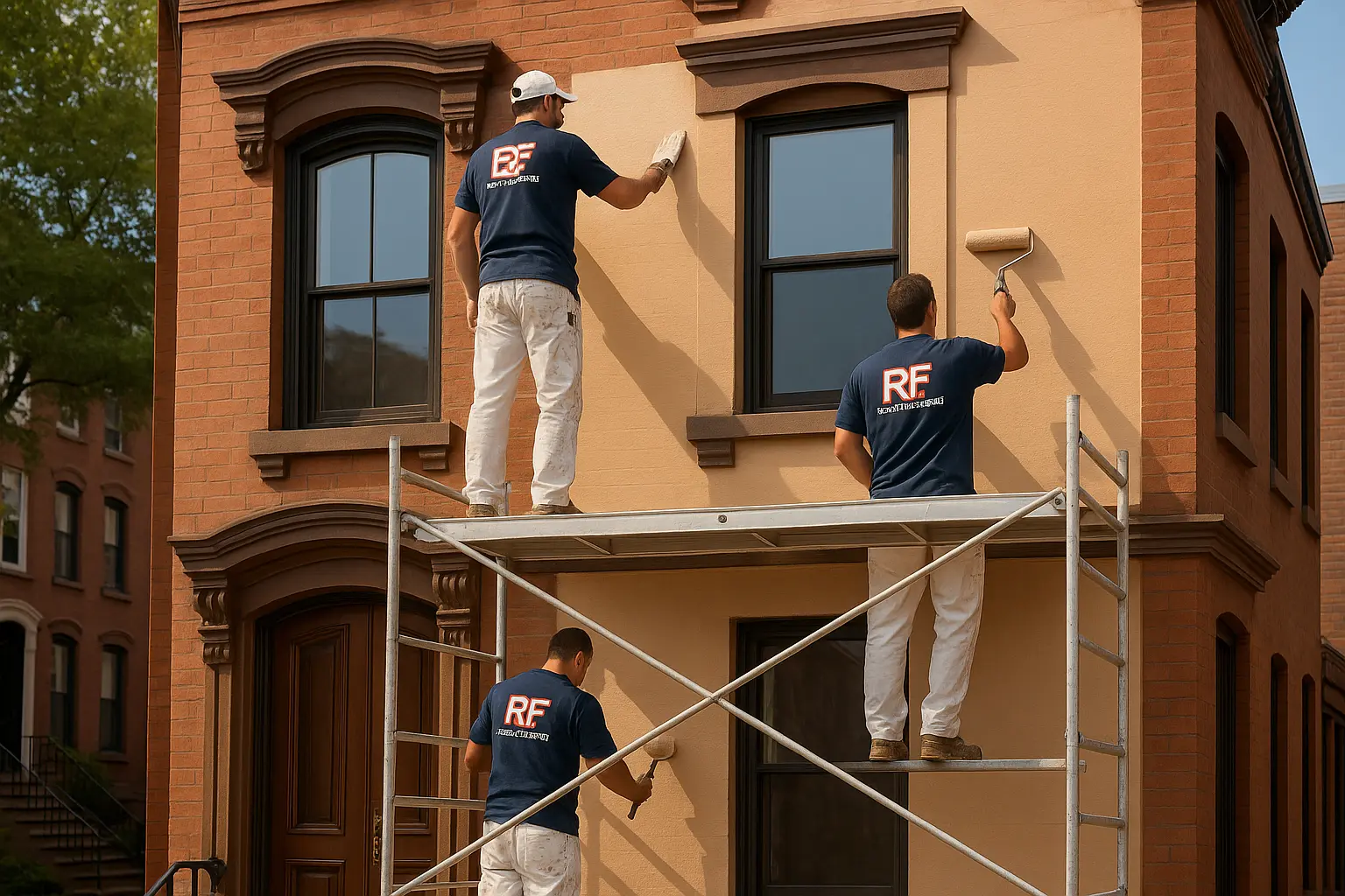Exterior painting team from RF Construction Services applying weather-resistant coatings on a brownstone building.