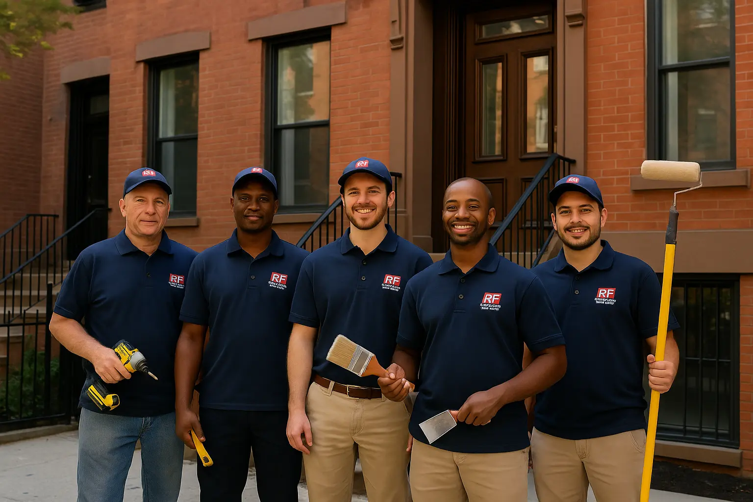 RF Construction Services technicians posing outside a completed NYC renovation project.