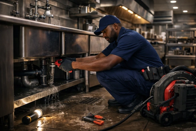 Plumber working in commercial restaurant kitchen in NYC, stainless steel sinks and floor drains visible, emergency service in progress.”