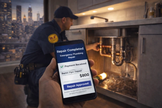Smartphone displays “Repair Completed” and payment received after an emergency plumbing repair is finished under the sink with the NYC skyline in the background.