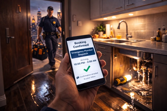 Smartphone shows “Booking Confirmed” for emergency plumber dispatch while a technician arrives to an active kitchen leak in a New York City apartment.