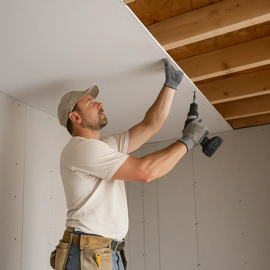 Drywall Installation – Contractor Securing Ceiling Panel with Drill.webp