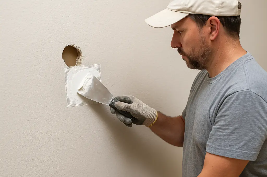 Drywall Patch & Repair – Contractor Applying Joint Compound Over Wall Hole.webp